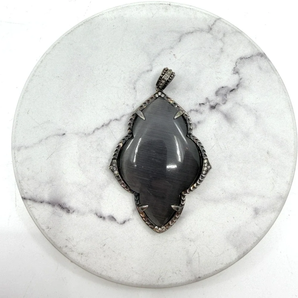 Gray Cat Eye Glass Cabochon Silver Tone Rhinestone Gothic Pendant Statement